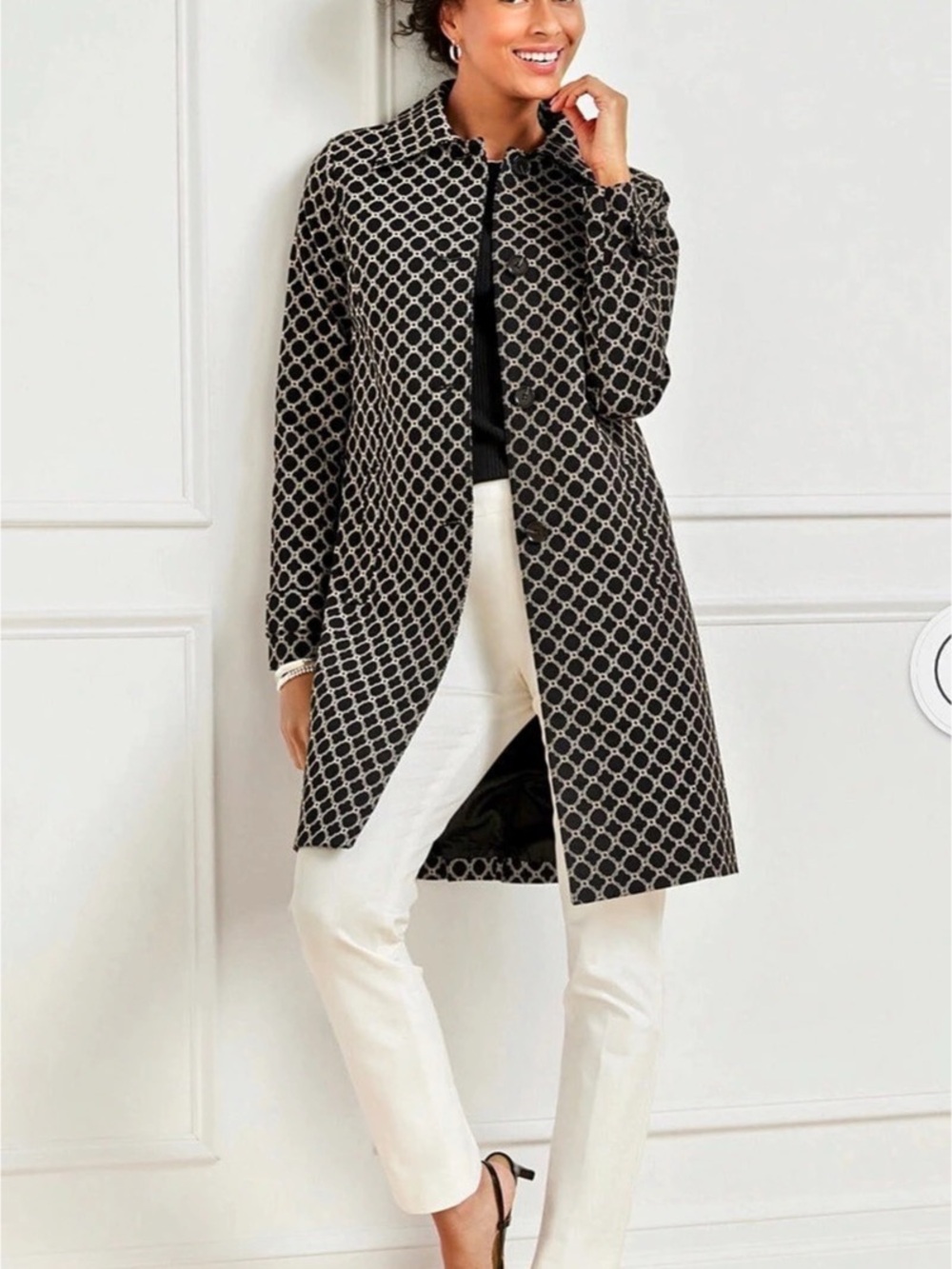 Talbots Jacquard Mac Coat in Black & White, petite small, NWOT